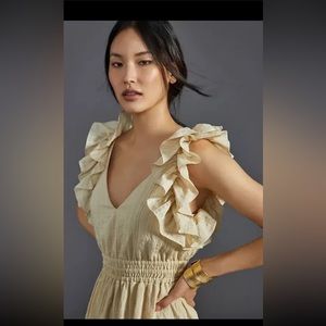Anthropologie Maxi Dress - neutral shade, ruffle sleeves.